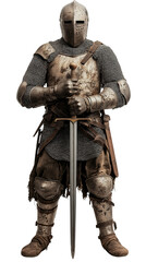 Obraz premium The images feature medieval knights in battle-worn armor, standing solemnly with their swords in a poised and disciplined stance.