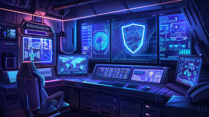 Obraz premium Futuristic depiction of a hacker in a high-tech environment. Neon-lit screens with cybersecurity graphics symbolize cyberattacks, data protection, and digital surveillance.