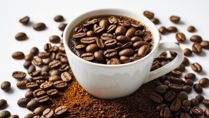 Fototapeta premium Cup of coffee filled with coffee beans surrounded by ground coffee and scattered coffee beans on a white background