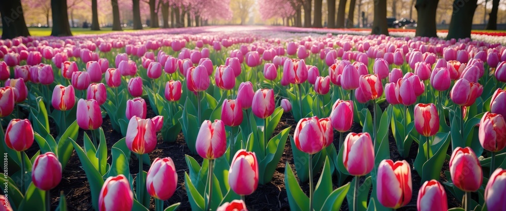 Poster vibrant pink tulips in a field under blooming trees during spring season in a park setting with soft