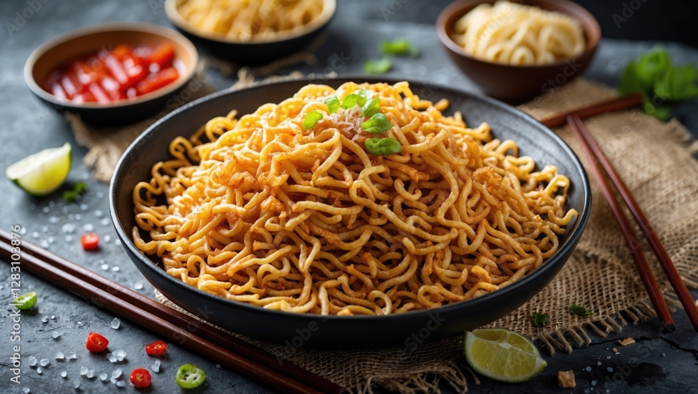 Poster crispy instant noodles served in a bowl with garnishes next to sauces and lime slices on a rustic ta