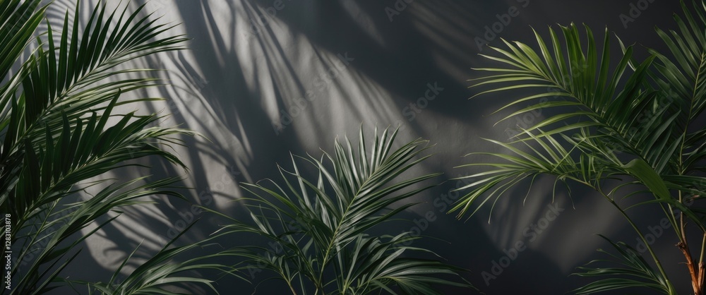 Poster tropical palm leaves casting shadows on dark wall with negative space for text or design elements