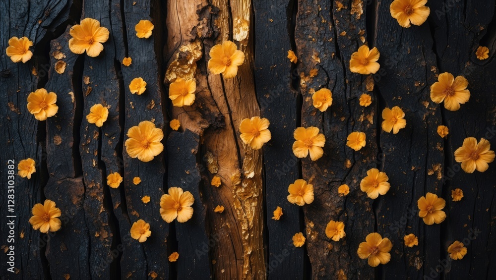 Poster yellow flowers on dark bark background creating a natural textured pattern floral composition in a r