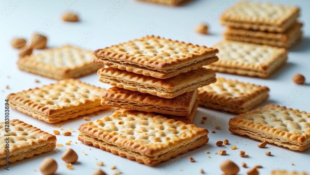 Poster stacked biscuits with scattered crumbs and nuts on a white surface in a well-lit setting