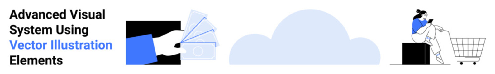 Hand flipping through digital cards, cloud icon, and person using shopping cart. Ideal for e-commerce, online collaboration, data sharing, cloud services, digital marketing, technology flat landing