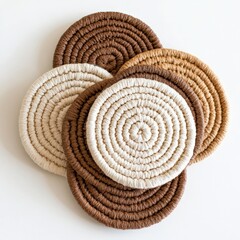 An assortment of handmade, natural fiber coasters, isolated on a white background - Generative AI