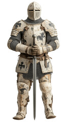 Fototapeta premium The images feature medieval knights in battle-worn armor, standing solemnly with their swords in a poised and disciplined stance.
