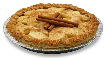 A freshly baked apple pie with a golden crust, garnished with cinnamon sticks and a dusting of cinnamon powder.