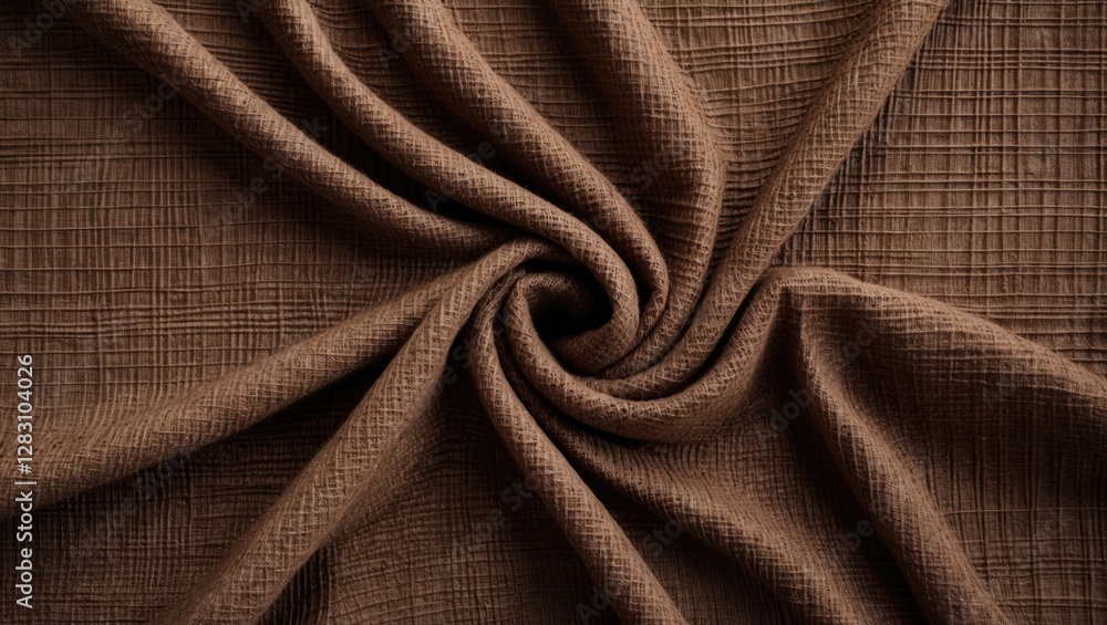 Poster brown textured fabric with a woven pattern arranged in a spiral layout showcasing its surface detail