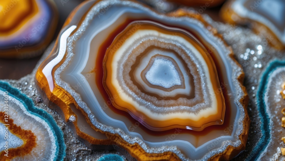 Poster detailed close-up of colorful agate stone slices showcasing natural banding patterns and textures in
