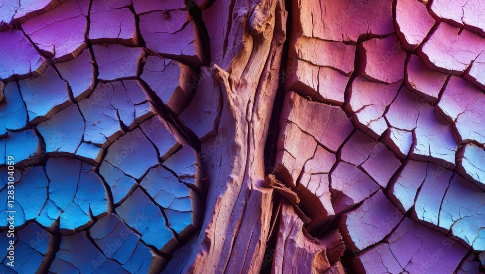 Poster textured wood surface with vibrant multicolored cracks showcasing natural patterns and artistic desi