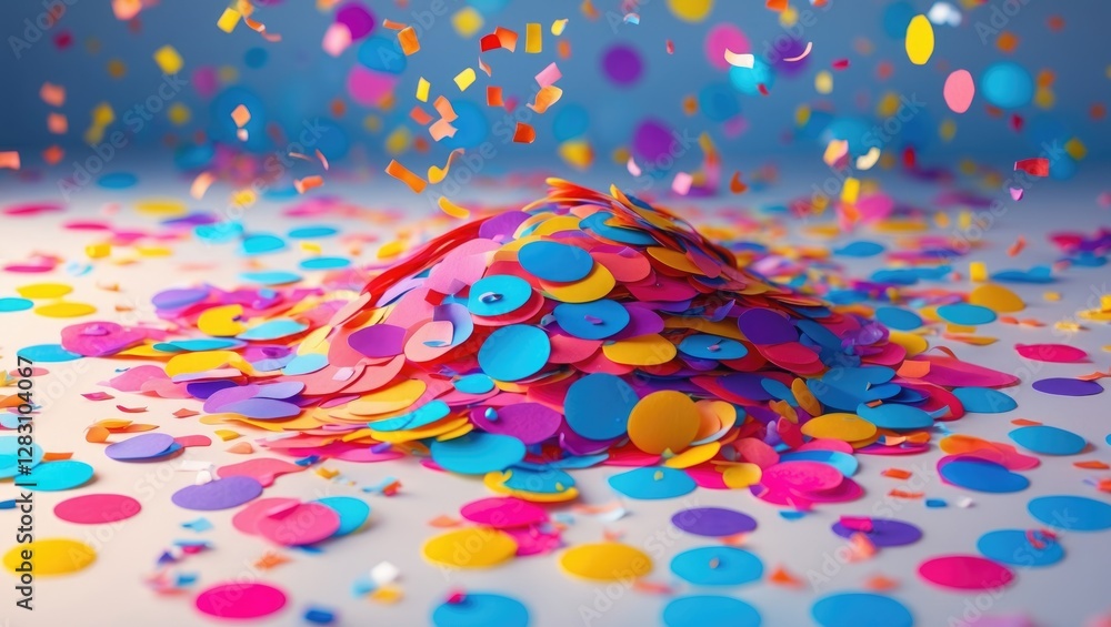 Poster colorful confetti pile with various shapes and sizes scattered on a surface creating a festive atmos