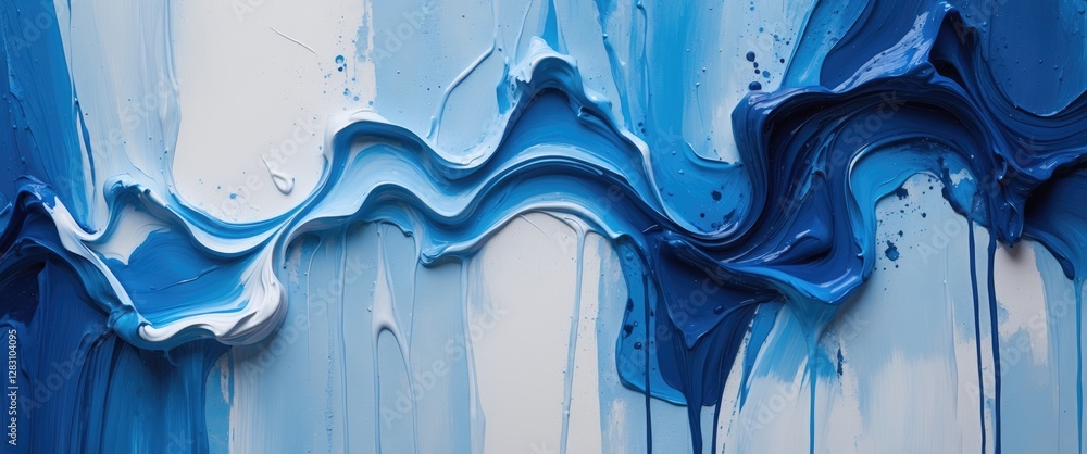 Poster blue paint abstract background with thick textured brush strokes creating wave patterns in varying s