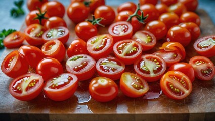 Fresh cherry tomatoes halved on a wooden cutting board with green leaves and water droplets