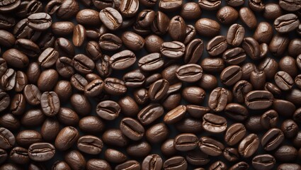 Naklejka premium Close-up of roasted coffee beans arranged on a dark surface with varied textures and colors for background use.