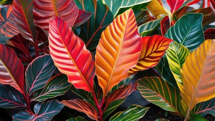 Vibrant Croton leaves showcasing a stunning array of red, orange, yellow, and green hues against a lush tropical background.
