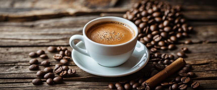 Coffee cup on white saucer surrounded by coffee beans and a cinnamon stick on rustic wooden table surface in warm natural light - Powered by Adobe