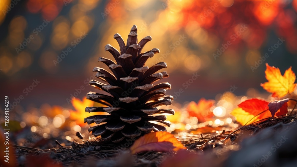 Poster pine cone surrounded by autumn leaves on forest floor with bokeh background in warm hues of orange a