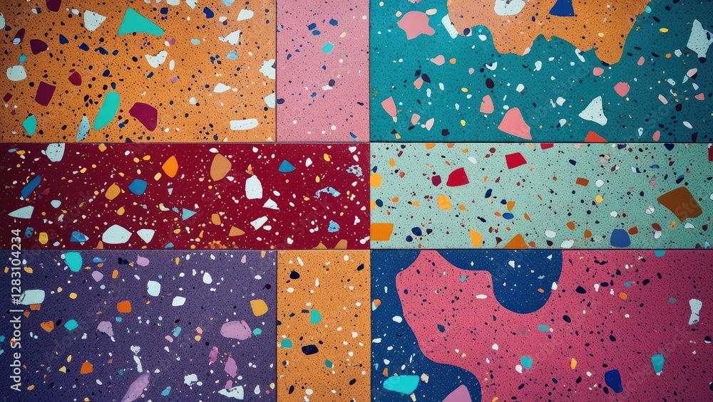 Poster colorful terrazzo patterns collection with various shapes and textures on contrasting backgrounds