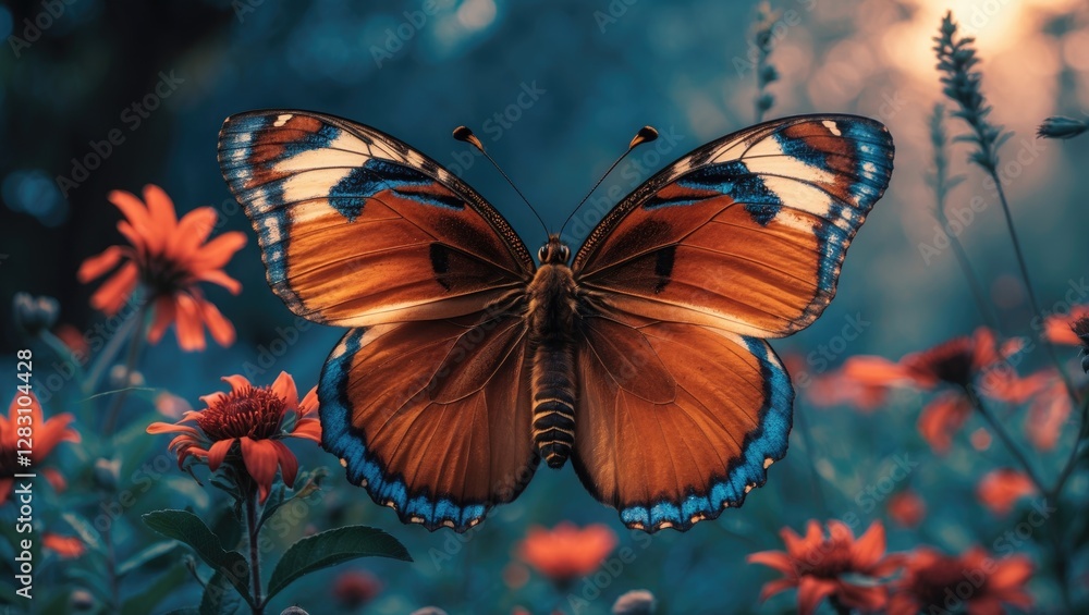 Poster close-up of a vibrant butterfly resting on flowers in a soft focus garden setting during twilight ho