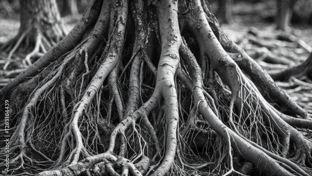 Aufkleber intricate black and white close-up of dry tree roots showcasing texture and natural patterns in a se