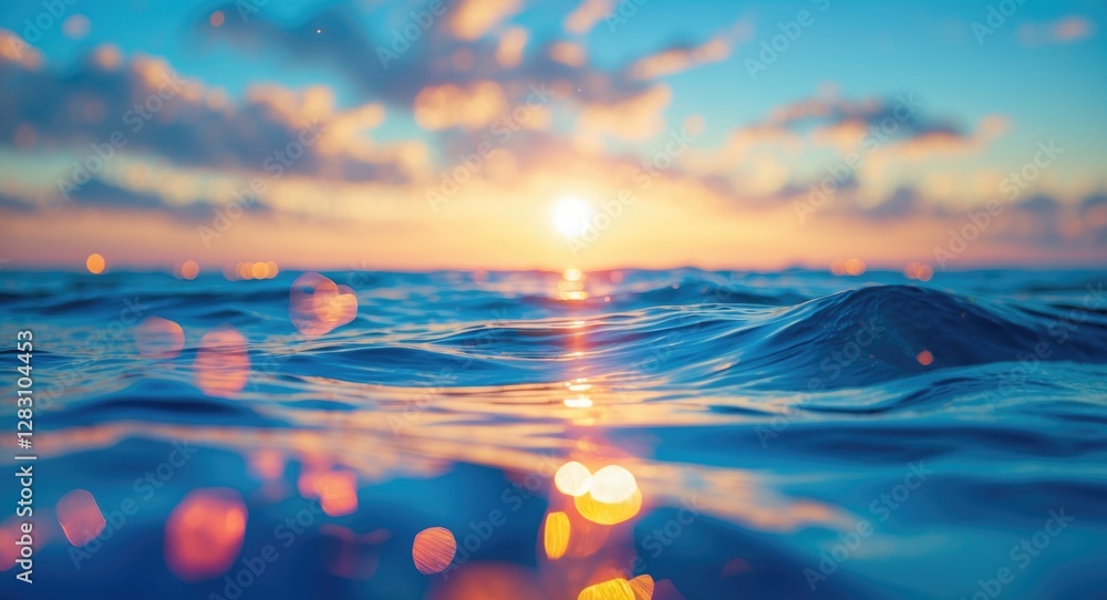 Poster sunset over ocean with gentle waves and bokeh effect reflecting warm colors in water under a blue sk