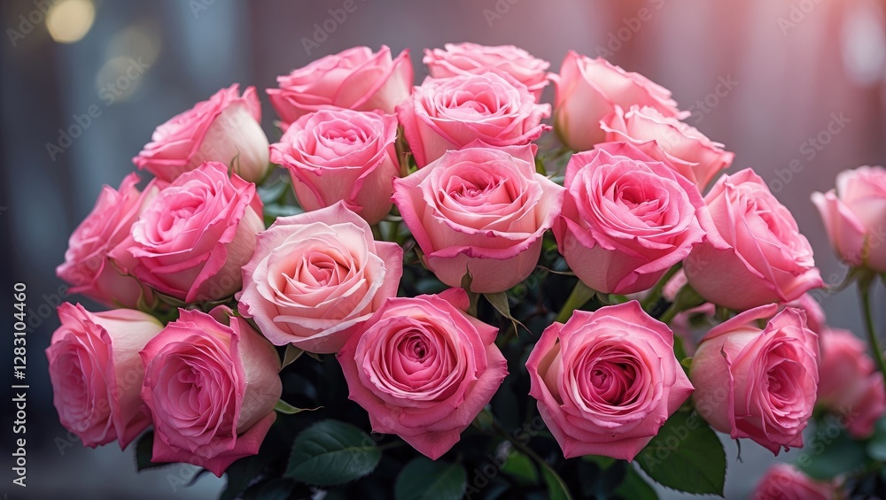 Wall mural Bouquet of pink roses with varying shades and sizes set against a softly blurred background showcasing natural light