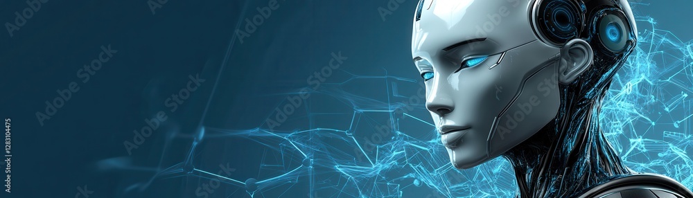 Poster robot and futuristic concept, futuristic humanoid robot with digital elements