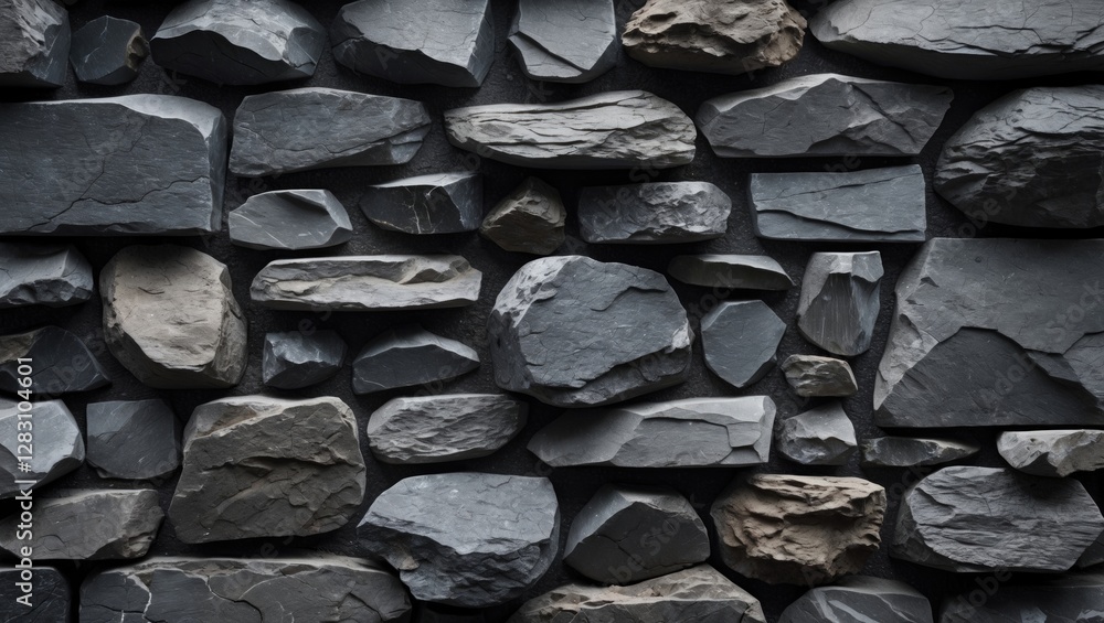 Poster textured dark stone wall background with various sizes and shapes of rocks creating a rugged and nat