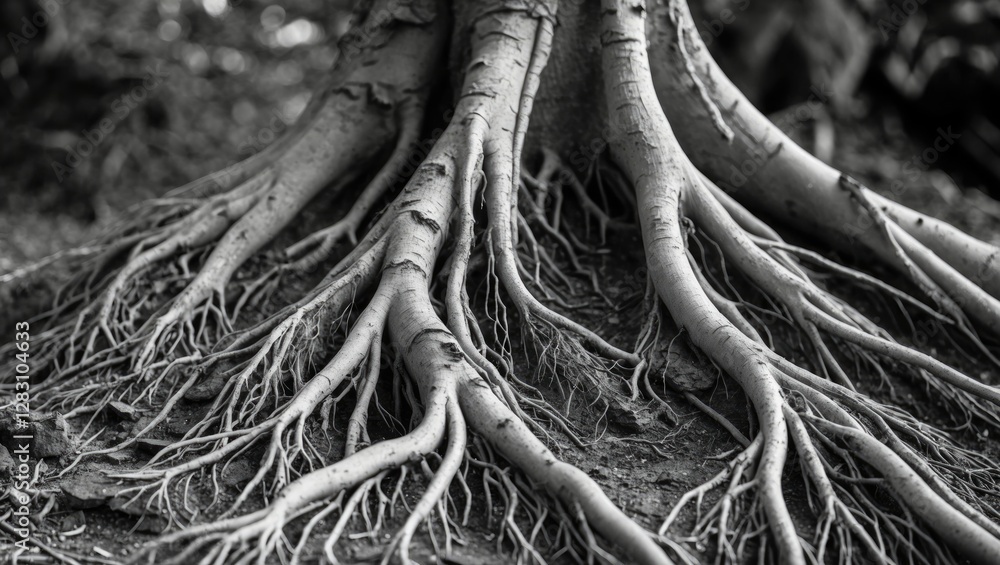 Poster intricate black and white close-up of dry tree roots showcasing natural textures and patterns in a s