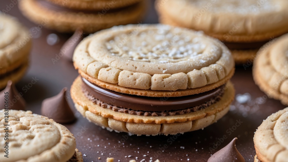 Poster crunchy round sandwich cookies with rich chocolate cream filling displayed in a macro view on a rust