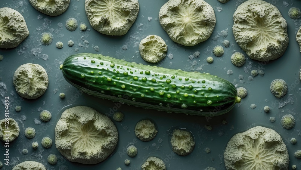 Aufkleber fresh cucumber on textured surface with circular shapes resembling earth or fungi surrounding it in 