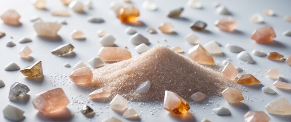 Close-up view of a mound of sand surrounded by various gemstones and crystals on a light background.