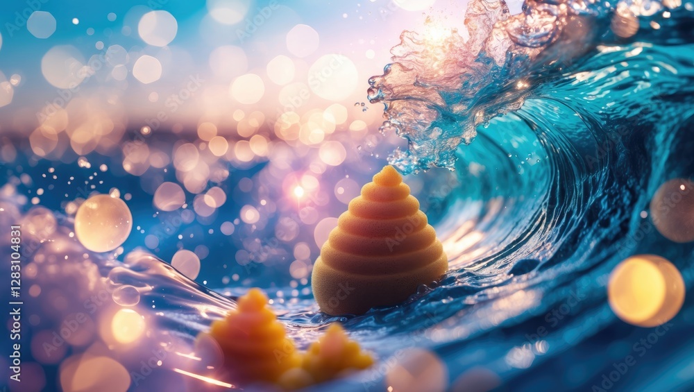 Poster enchanting ocean wave with bokeh effects and colorful sponges ideal for website banners and backgrou