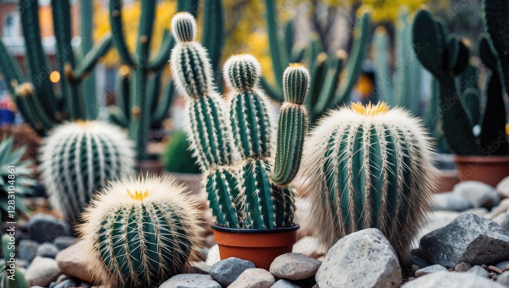 Aufkleber various types of cacti in pots surrounded by stones in a desert garden setting with blurred backgrou