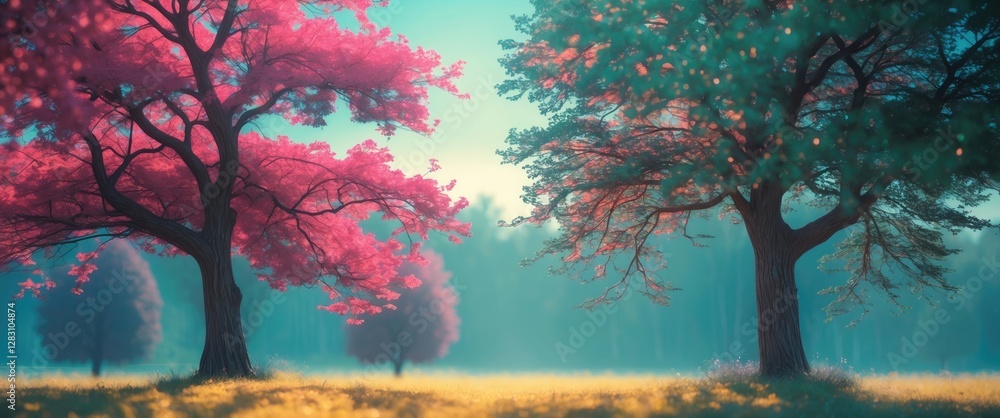 Poster colorful abstract landscape with two vibrant trees creating a serene, dreamy atmosphere in a soft-fo