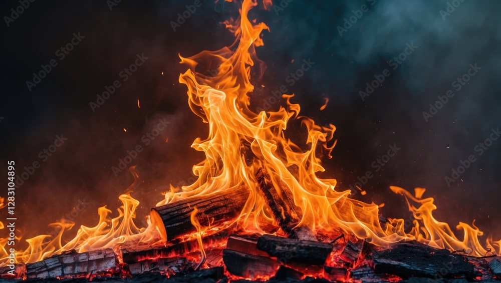 Aufkleber fire flames rising from burning logs on dark background creating strong visual impact and dynamic mo
