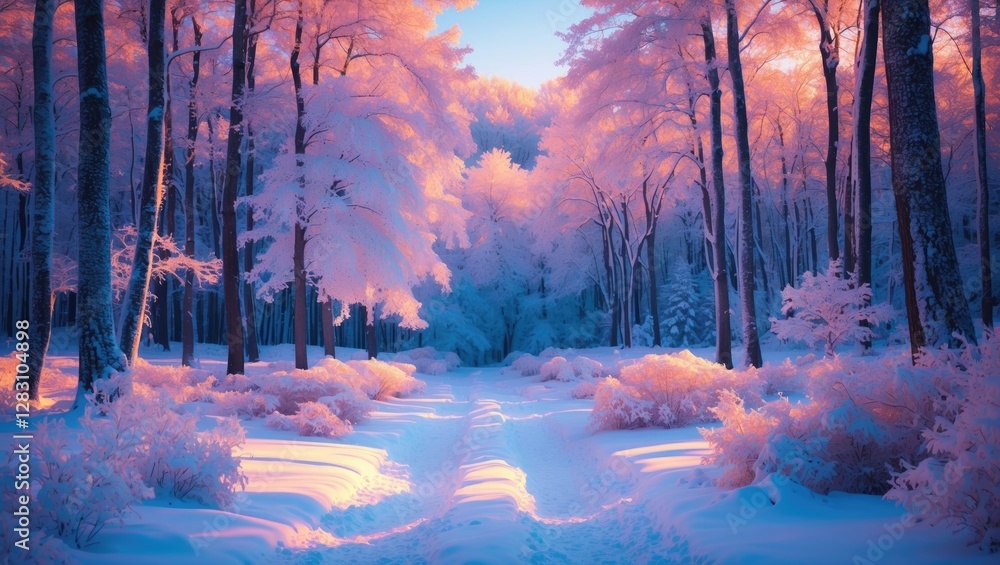 Poster winter forest landscape with snow-covered trees and soft pastel colors in a tranquil setting during 