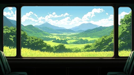 Fototapeta premium Scenic view from a train window showcasing lush green hills and distant mountains.