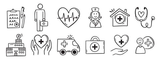 Medical kit, hospital, clinic doodle hand drawn icon set. Outline drawing stethoscope, report, healthcare, doctor, patient, line clipart symbol