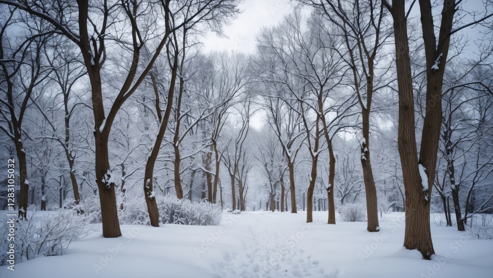 Poster serene winter scene with snow-covered bare trees in a tranquil forest pathway under a cloudy sky cre