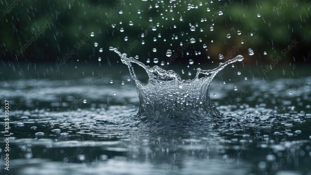 Poster rain drops creating ripples and splashes on a calm water surface with blurred greenery in the backgr