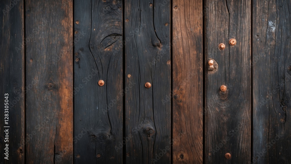 Poster dark weathered teak wood planks with copper accents creating a rustic and elegant textured backgroun