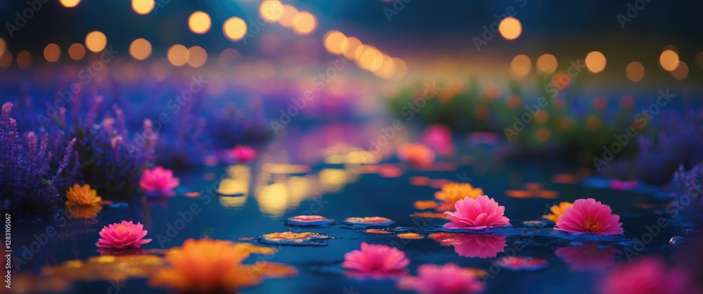 Poster tranquil night scene with vibrant flowers reflecting in water under a dreamy bokeh of soft lights cr