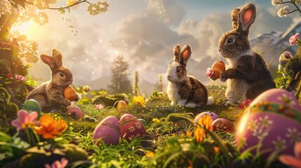 Adorable Easter Bunnies with Colorful Eggs in Spring Meadow Sunrise