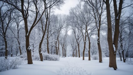 Serene winter scene with snow-covered bare trees in a tranquil forest pathway under a cloudy sky creating a peaceful atmosphere.