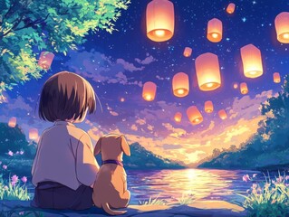 Naklejka premium A child and dog enjoying a serene evening under glowing lanterns at sunset.