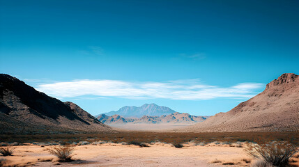 Naklejka premium Desert Landscape with Mountains Rocks and Blue Sky Under Sunlight