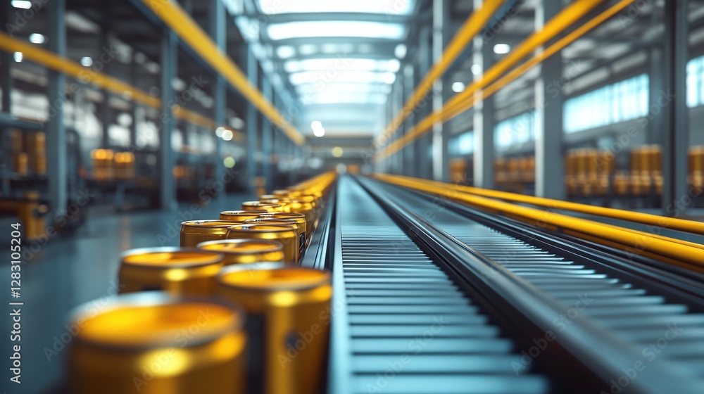 Poster a high tech industrial factory with an automated conveyor belt system ensuring the efficient manufac