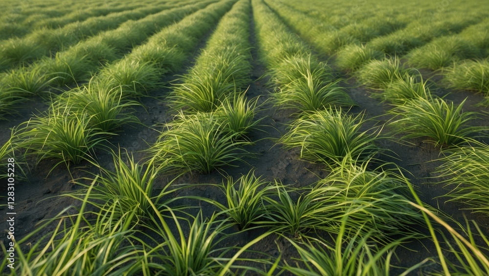 Poster lush green grass field texture with neat rows creating a natural backdrop for design and artistic pr
